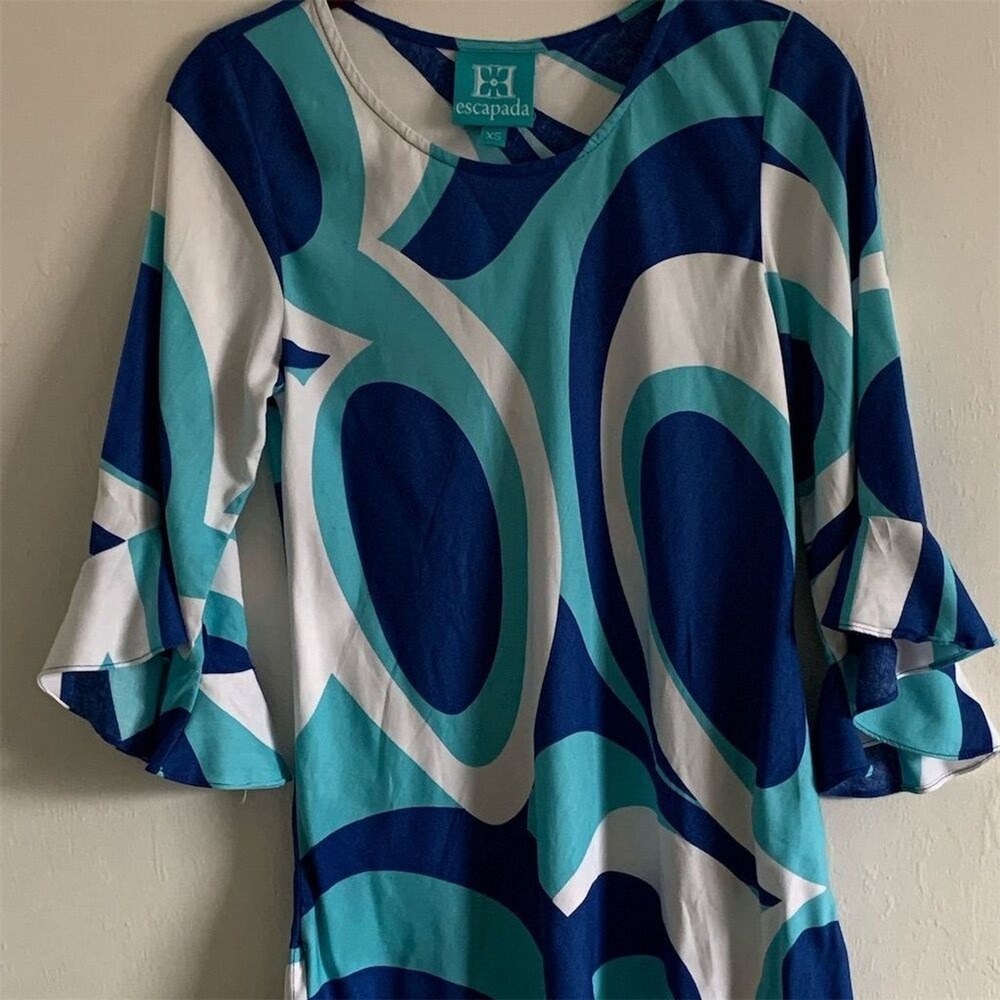 Escapada Women's Blue Geometric Tunic Blouse 3/4 Bell Sleeves XS